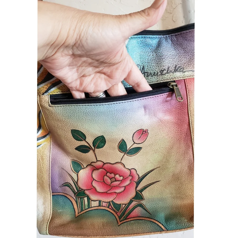 Anuschka Handbag Painted Butterfly Leather Floral Multicolor Crossbody Hobo Bag